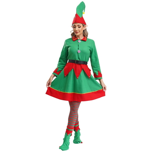 Zaldita Women's 6 Piece Christmas Santa Dress Suit Deluxe Outfit Set Holiday Dress Up Green S