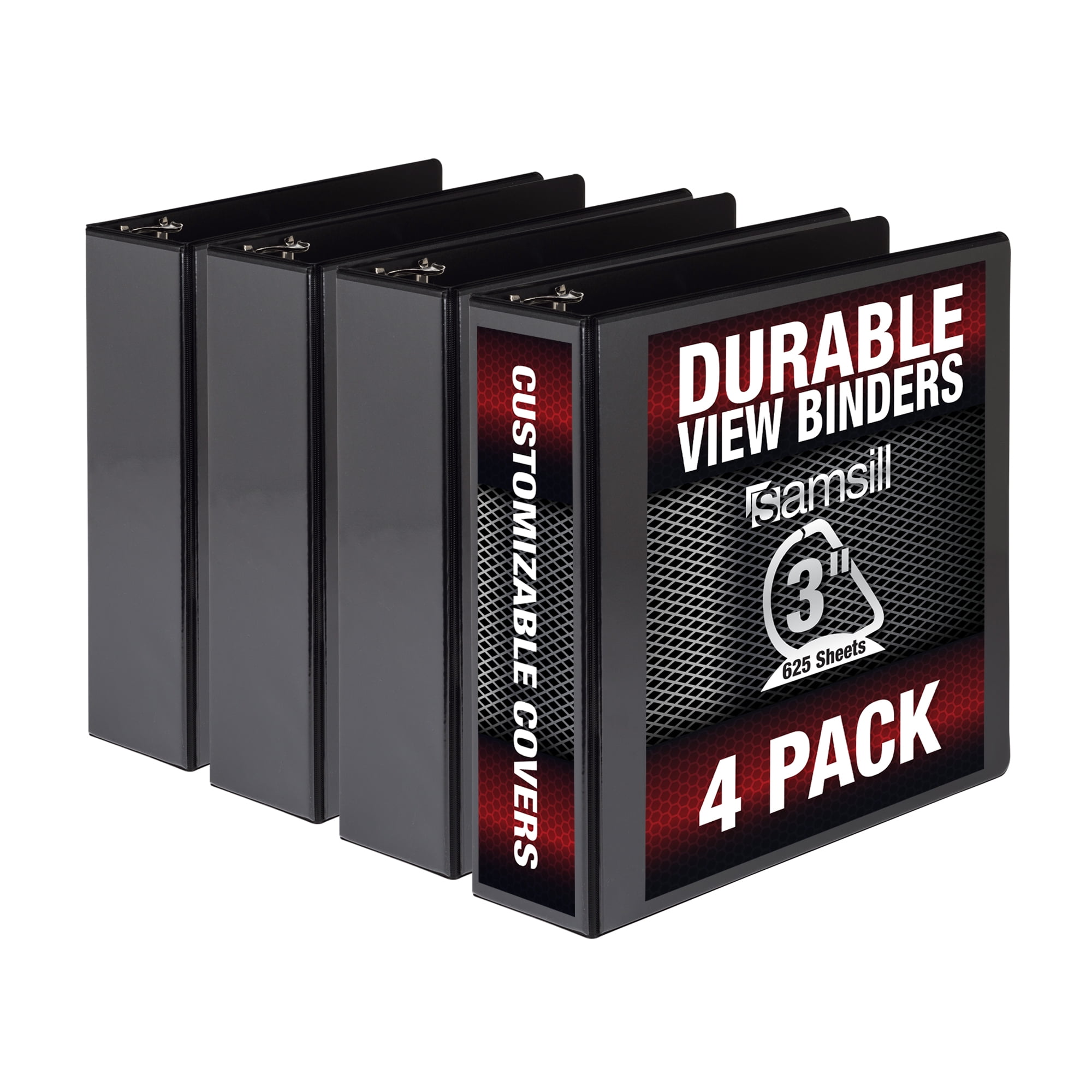 Samsill Durable 3" DRing Binder, Black, Customizable, 4 Pack