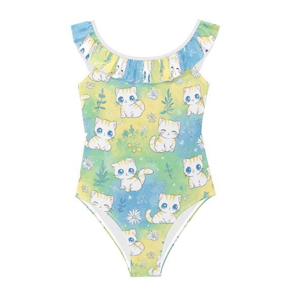 Girls Ruffled One Piece Swimsuit Summer Beach Vacation Swimwear Tank Swimsuit Cute White Cats Pattern