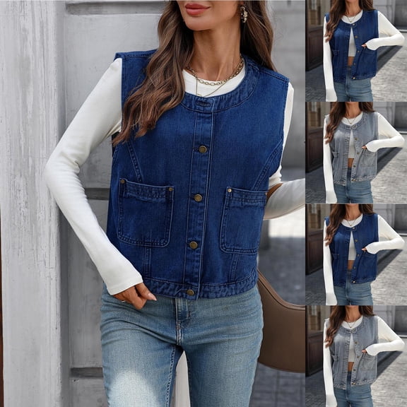 QATAINLAV Women's Denim Vest Summer Sleeveless Button Down Jean Vests Solid Color Waistcoat Jacket with Pockets Streetwear Light Blue S