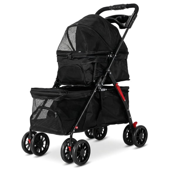 golytefs Double Pet Stroller for Small Cats And Dogs Foldable Kittens Puppies Travel Strolling Cart with Safety Belts Cup Holder & Lockable Wheels Dog Stroller Ideal for Multi-pet Families (Black)