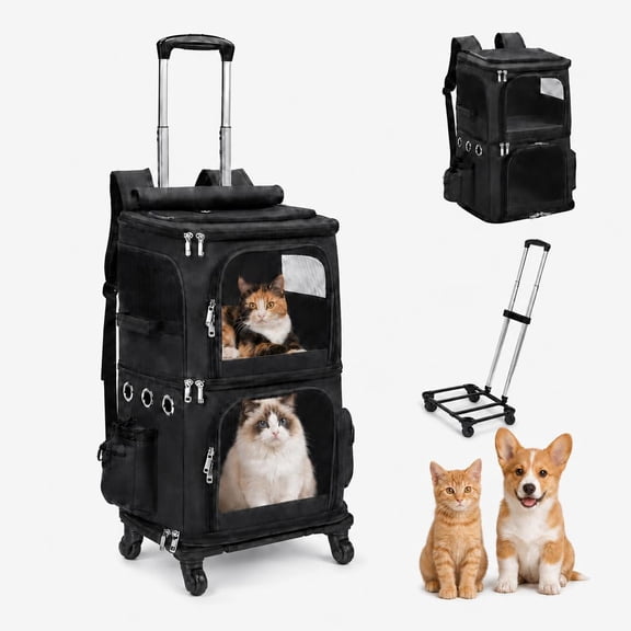 LIXI Extra Large Double Compartment Pet Carrier with Wheels for 2 Pets, 2-in-1 Rolling Cat & Dog Carrier Holds up to 40 lbs, Soft-Sided Foldable Travel Bag for Car & Outdoor Camping,Black