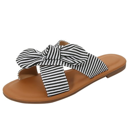 

QYZEU House Slippers for Women Memory Foam formal Sandals for Women Low Heel Women S foreign Trade Large Korean Version Tie Bow Fashion Flat Bottom Stripe Sandals