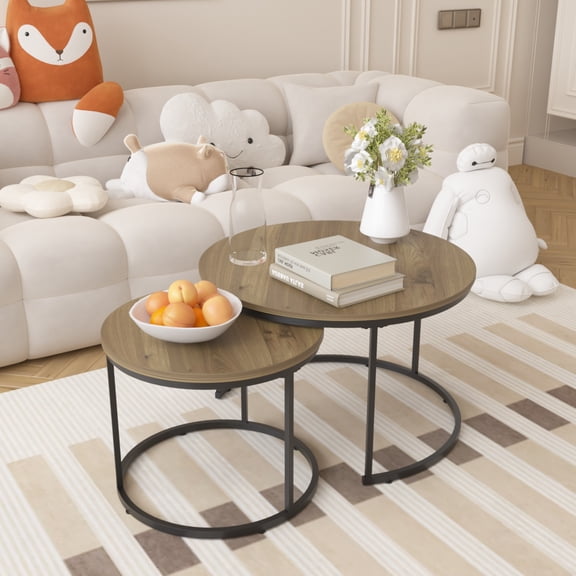 Peispie Nesting Coffee Table Set of 2, 27.6" Round Coffee Table with Sturdy Metal Frame, Industrial Wood Finish Side Table & End Table for Living Room, Bedroom, Brown