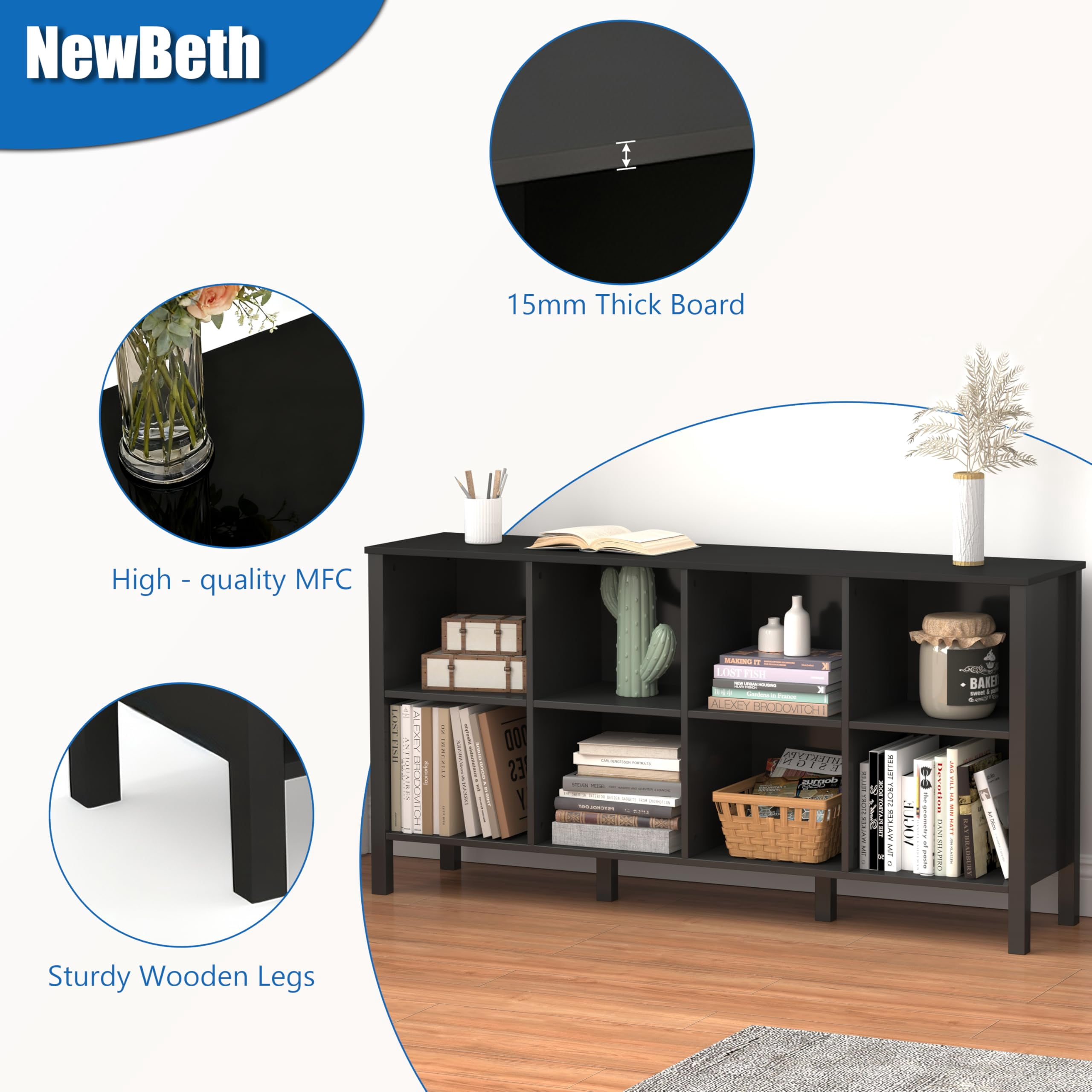 NEWADARA 8-Cube Bookcase, Farmhouse Wooden Bookshelf Low Storage Organizer, 59" Horizontal Black Console with Legs, Hallway Book Case for Entryway, Display Cabinet for Living Room (Black, 8-Cube)