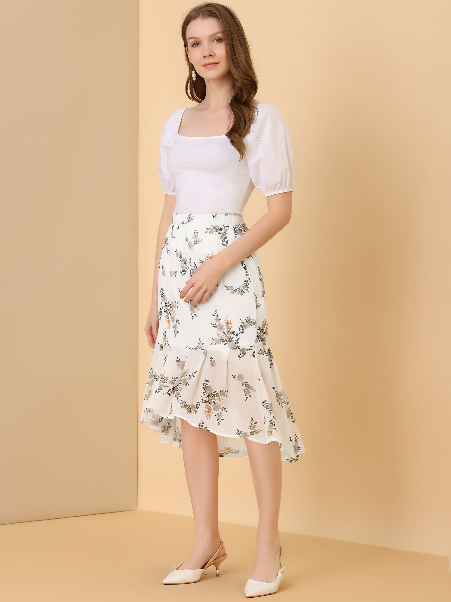 DARING DIVA Women's Floral Elastic Waist Bodycon Ruffle Hem Fishtail Skirt M White