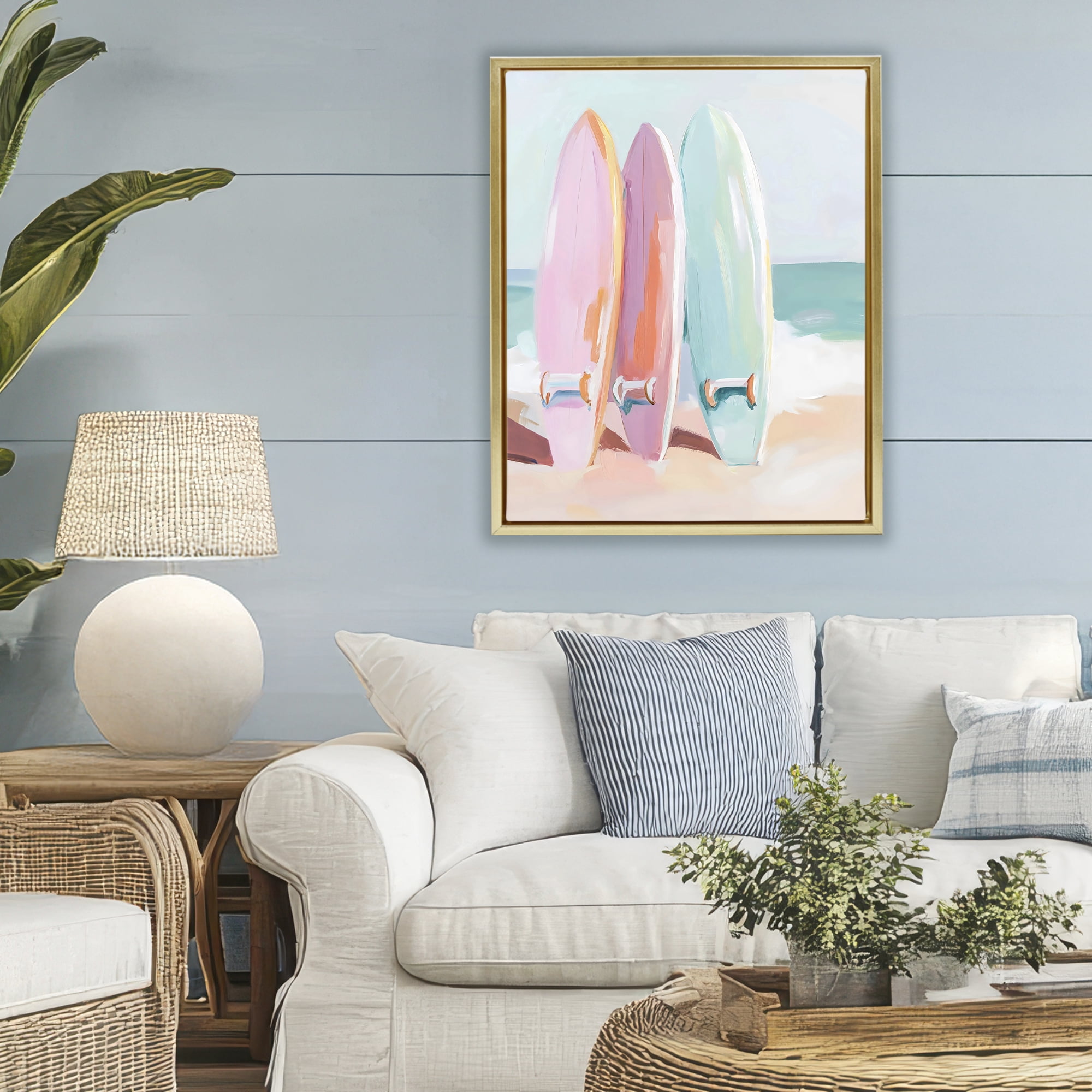 Stupell Industries Pastel Surfboards on Sandy Beach Gold Framed Floater Canvas Wall Art, design by The Prints Vibe