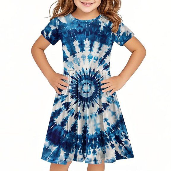Hrsba Casual Dress for Girls,Toddler Kids Girls Cute Solid Color Print Short Sleeve Stretchy Dress A Line Dress,Kids Summer Dress,Multicolor ,11 Years