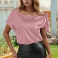 thumbnail image 4 of Womens T Shirts Summer Tops 2025 Solid Color Satin One Shoulder Short Sleeve Stylish Tees Tshirts Shirts for Women, 4 of 6