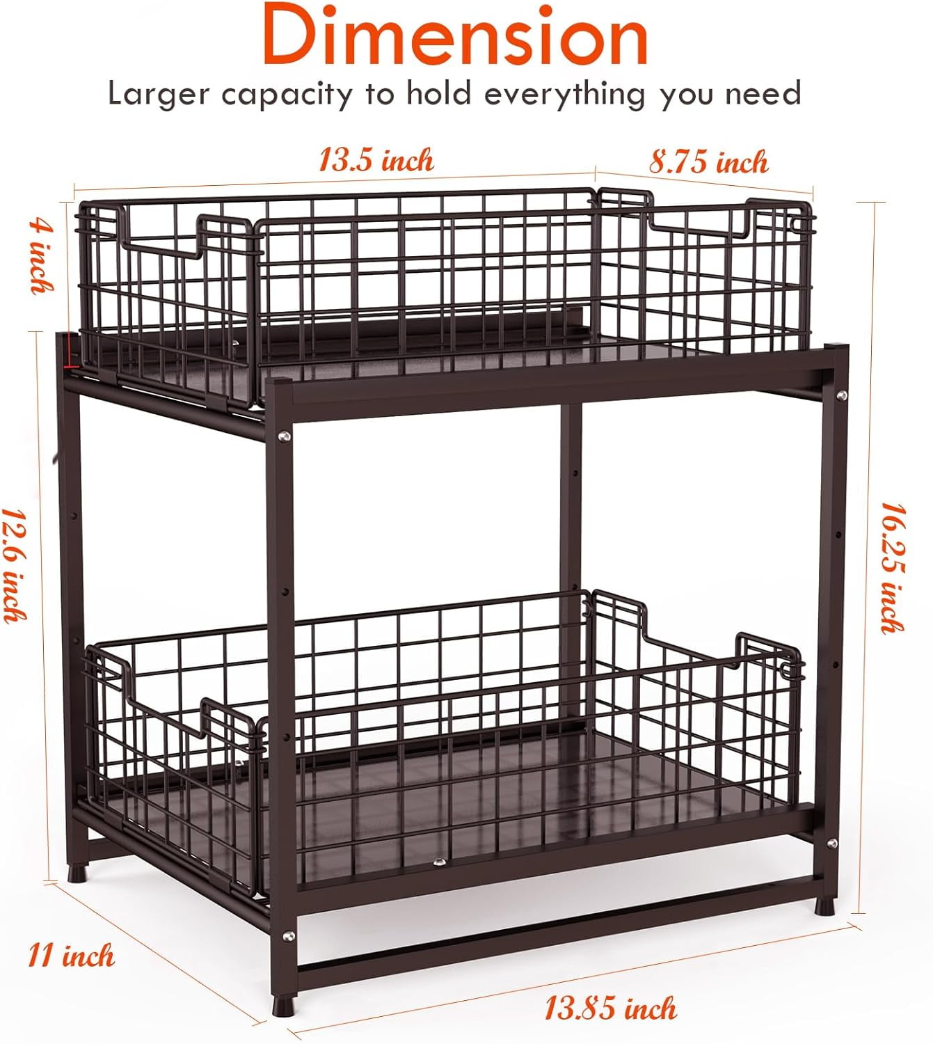 2 Pack Under Kitchen Cabinet Sink Organizer and Storage with Sliding Drawer, Extra Wide 2 Tier Stackable Basket Rack for Kitchen & Bathroom with Larger Capacity Heavy Duty, Bronze
