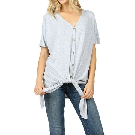 Women Short Sleeve V Neck Button Down T Shirts Tie Front Knot Loose Blouse Casual