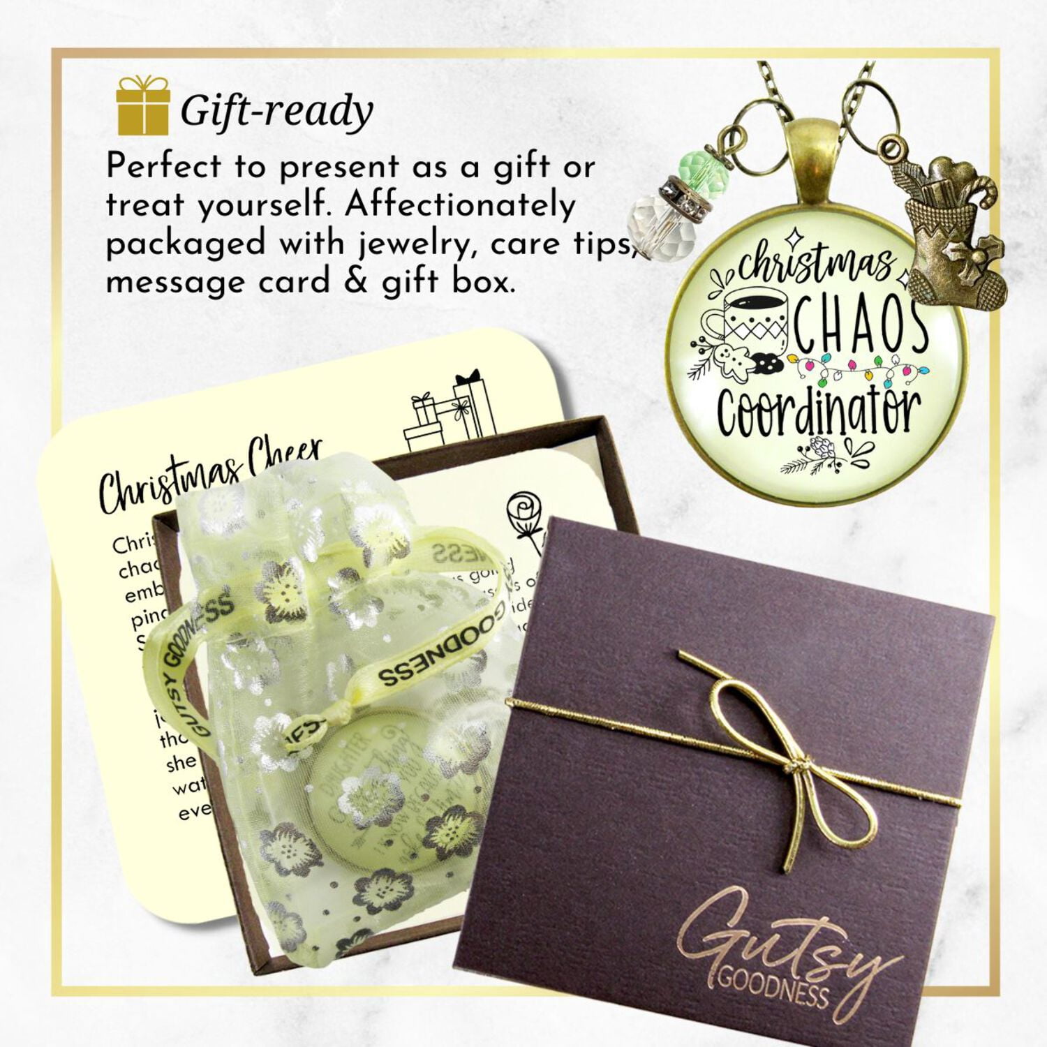 Christmas Chaos Coordinator Fun Holiday Necklace Gutsy Goodness Female Adult Bronze Metal Jewelry