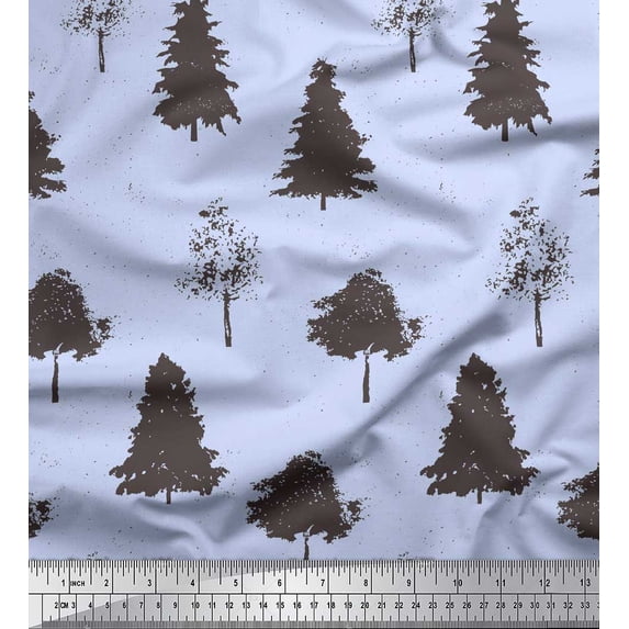 Soimoi Blue Heavy Satin Fabric Stencil Tree Print Fabric by Yard 54 Inch Wide