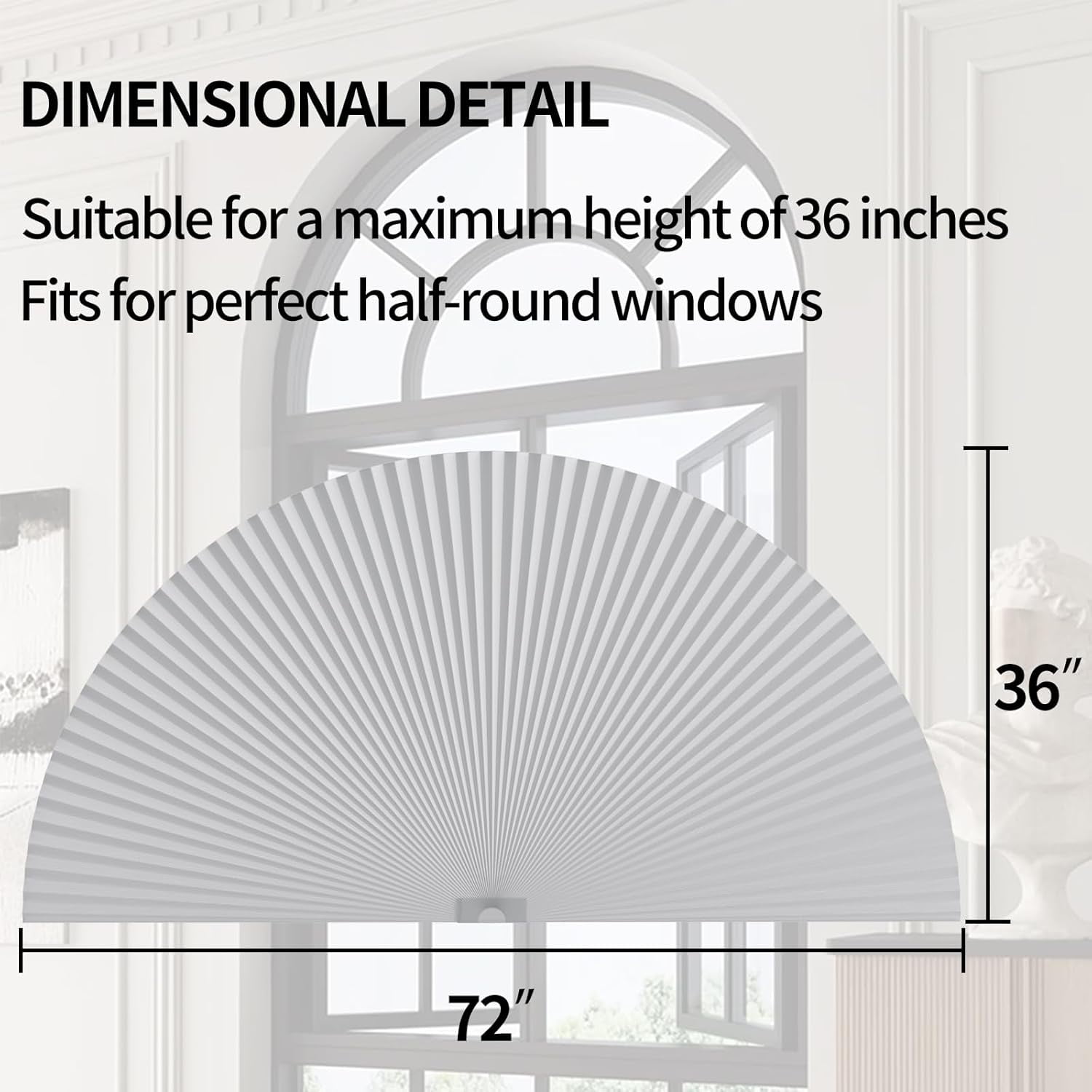 Arch Window Shades Half Circle Blackout Cellular Shades Cordless No Drill Blinds for Windows Half Moon Honeycomb Fabric No Tools Room Darkening Shades Easy Install (1PCS White 72" W X 36" H)