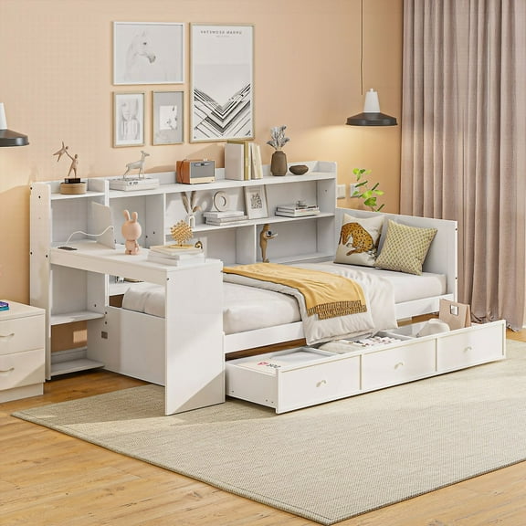 Twin Size Wooden Daybed in White with 3 Drawers, USB & Desk - Maximize Space & Convenience