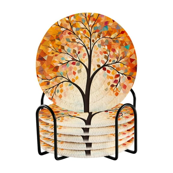 6 Pcs Drink Coasters Sets with Holder Pads Cotton Cup Heat-Resistant Hot Mats for Table Protection Orange Tree Abstract