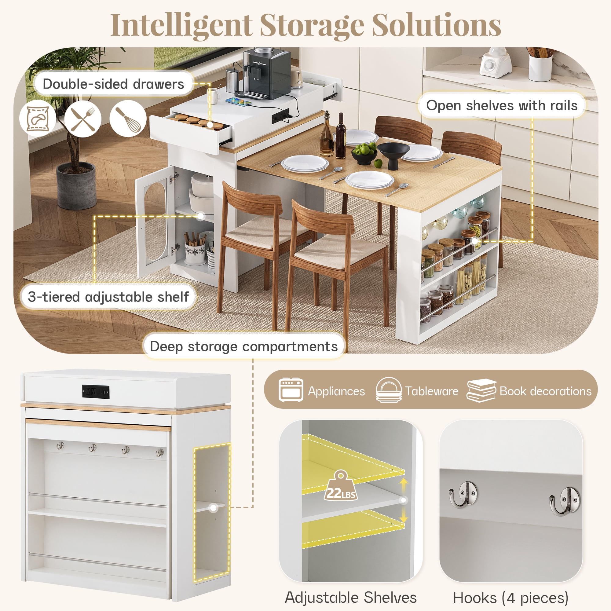 MODERNLUXE Extendable Dining Table with Folding Tabletop, Kitchen Island with Wheels,Hooks,Drawers and Power Outlet, Bar Table with Storage for Kitchen, Dining Room,White