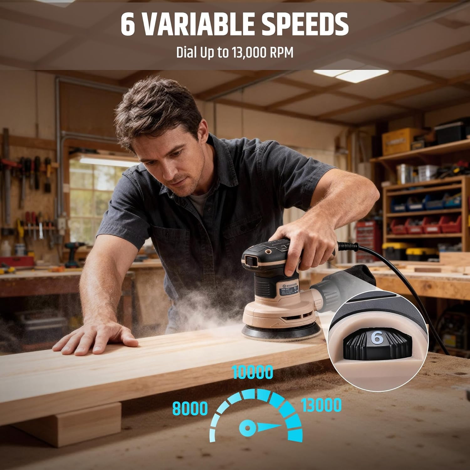 WOODSTARTER 320W, 2.6Amp 5-Inch Corded Random Orbital Power Sander, 13000RPM 6-Speed
