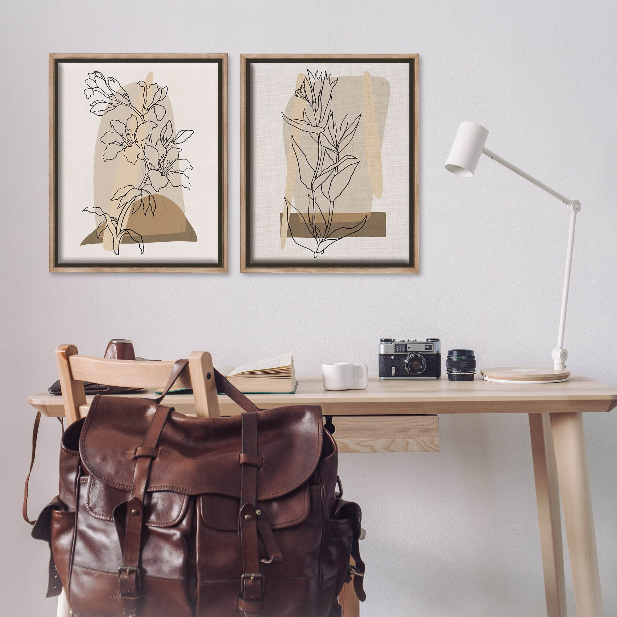 Stupell Industries Natural Flower Outlines Plants & Flowers Painting Brown Floater Framed Canvas Art Print Wall Art, 31 x 25, Set of 2