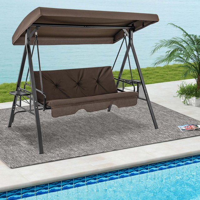 Costway Balançoire de Porche de Patio à 3 Places avec Auvent Ajustable Coussins de Dossier Doux Tables d'Appoint Brun
