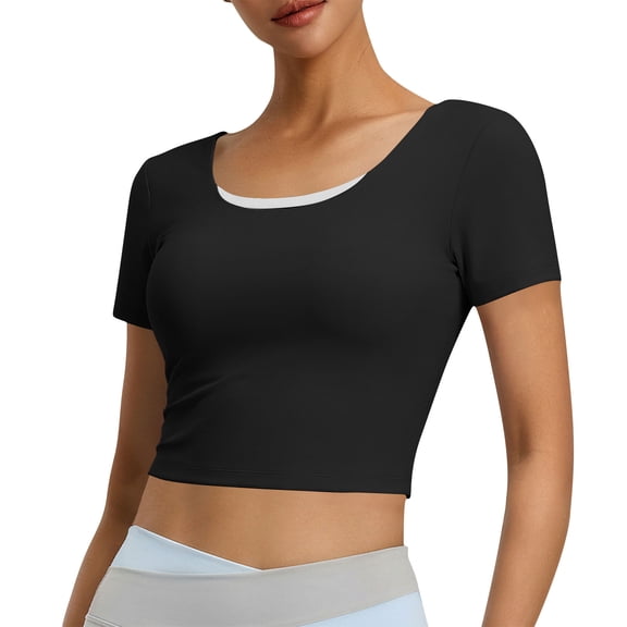 Women's Short Sleeve Yoga Tops with Built-in Bra Pad,Crew Neck Cross Butterfly Back Breathable Workout Shirts Black S