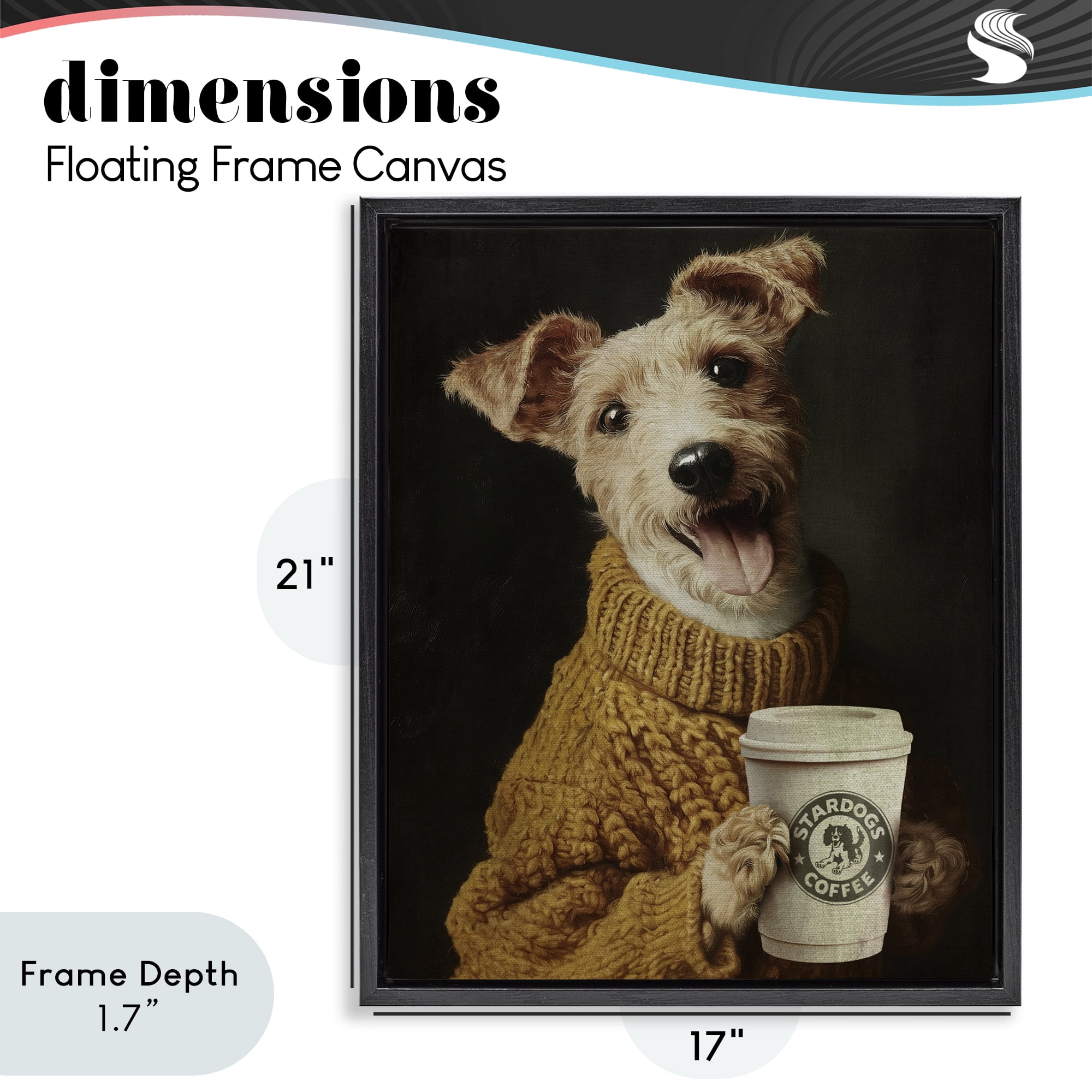 Stupell Industries Latte Lover Dog in Sweater Black Framed Floater Canvas Wall Art, design by Svetlana Aleynikova