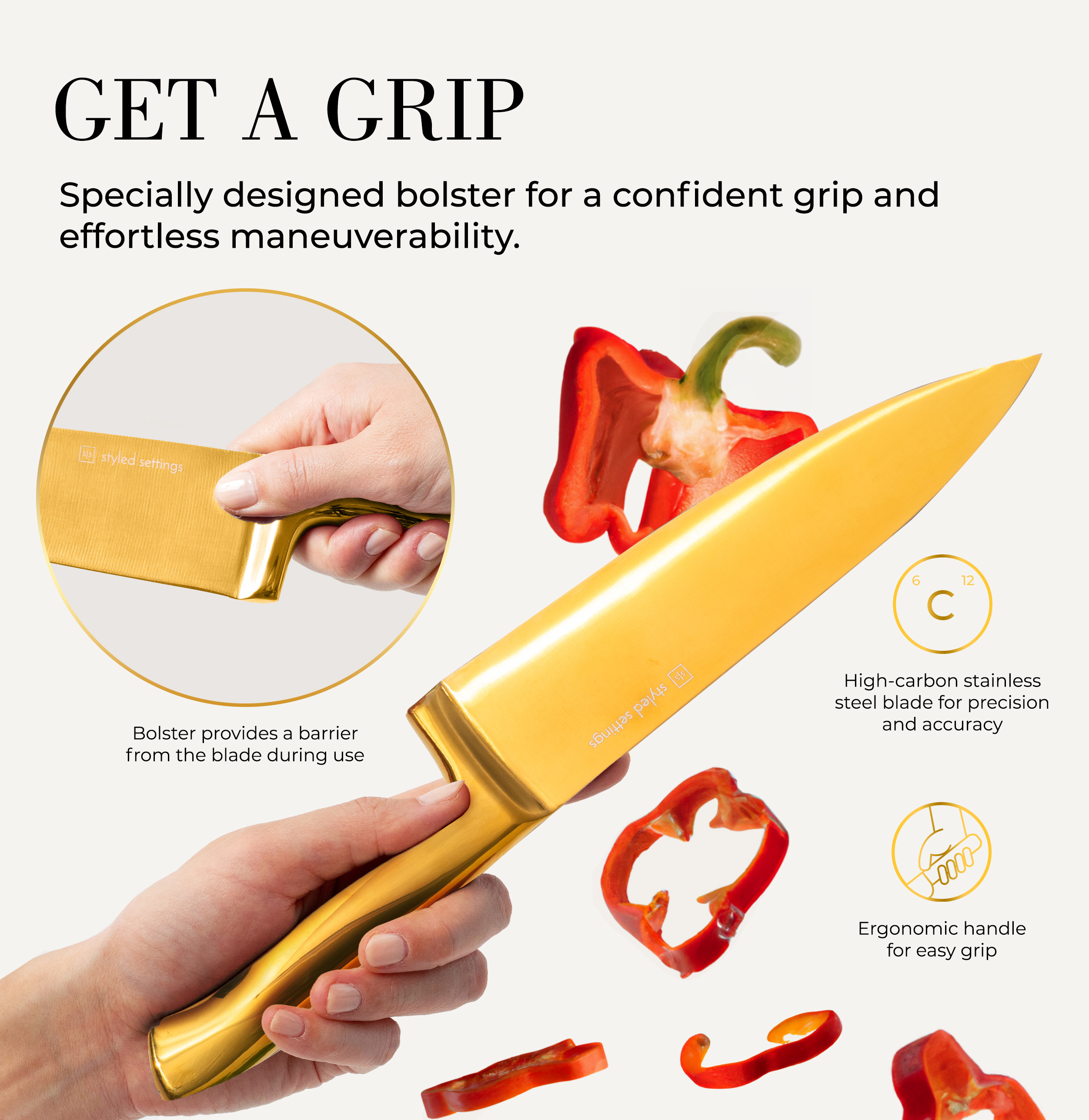 Black and Gold Knife Set with Block - 14 Piece Gold Knife Set with Sharpener Includes Full Tang Gold Knives and Self Sharpening Knife Block Set - Black and Gold Kitchen Accessories, Gold Kitchen Deco