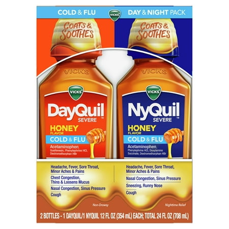 Vicks DayQuil and NyQuil Severe Cold & Flu, Honey, Liquid Over-the-Counter Medicine, 2x12 Oz