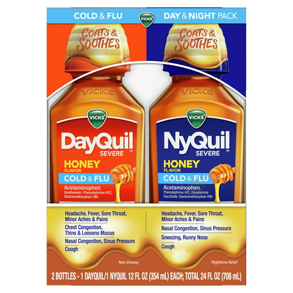 Vicks DayQuil and NyQuil Severe Cold & Flu, Honey, Liquid over-the-Counter Medicine, 2x12 fl. oz.