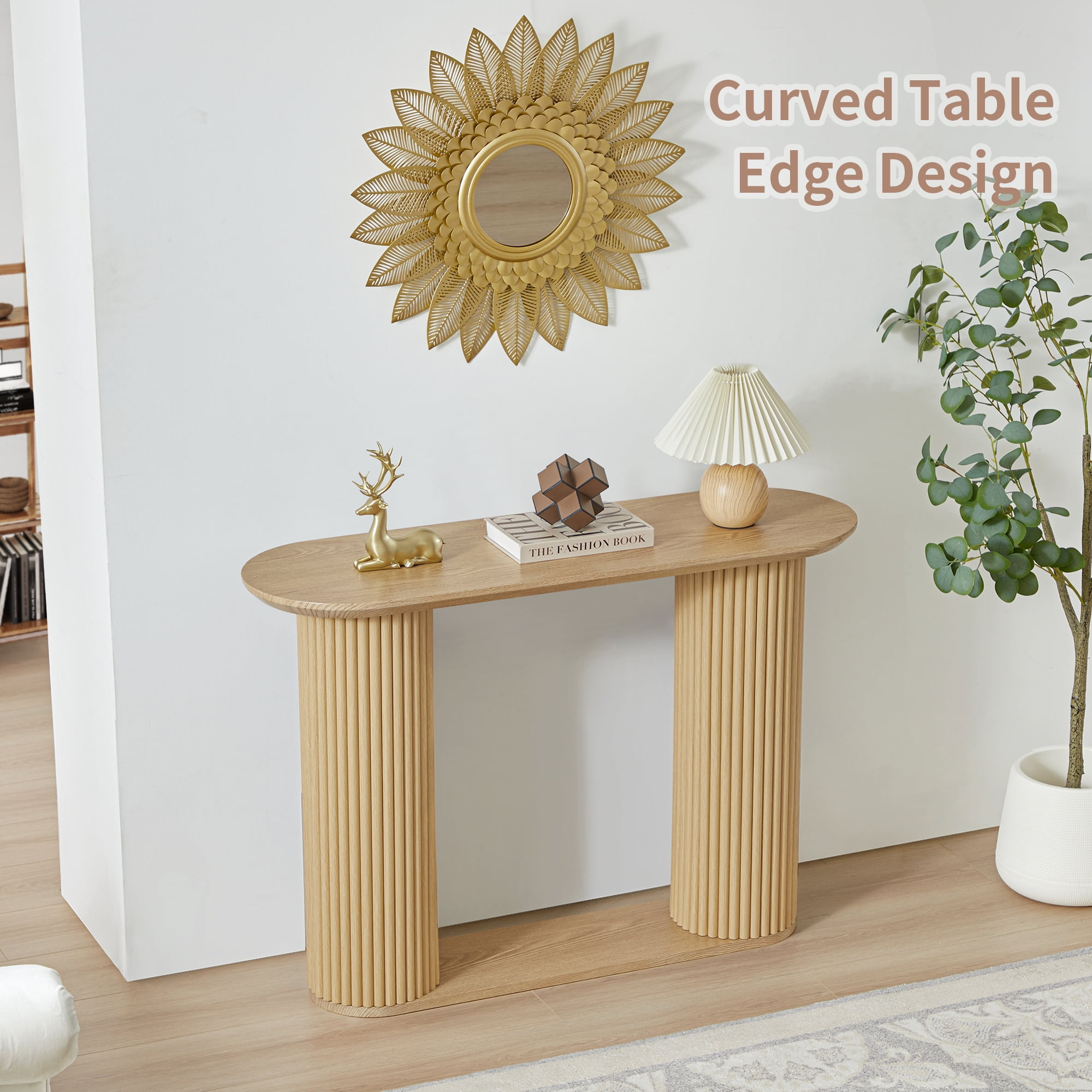 PHOYAL 42.51" Long Natural Console Table with Vertical Stripe, Oval Fluted Sofa Table with Curved Edge Design for Entryway Hallway Living Room
