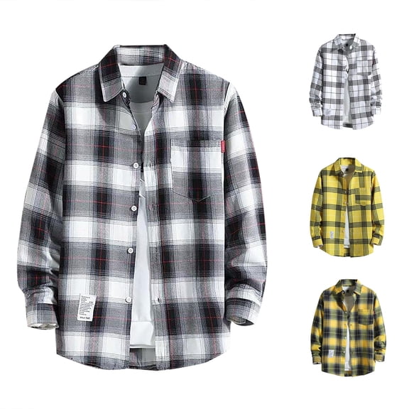 Gunia Big And Tall T Shirts For Men Button Down Casual Printed Shirt Autumn Winter Long Sleeved Single Lapel Plaid Shirt Tops Mens T-Shirts White Xl