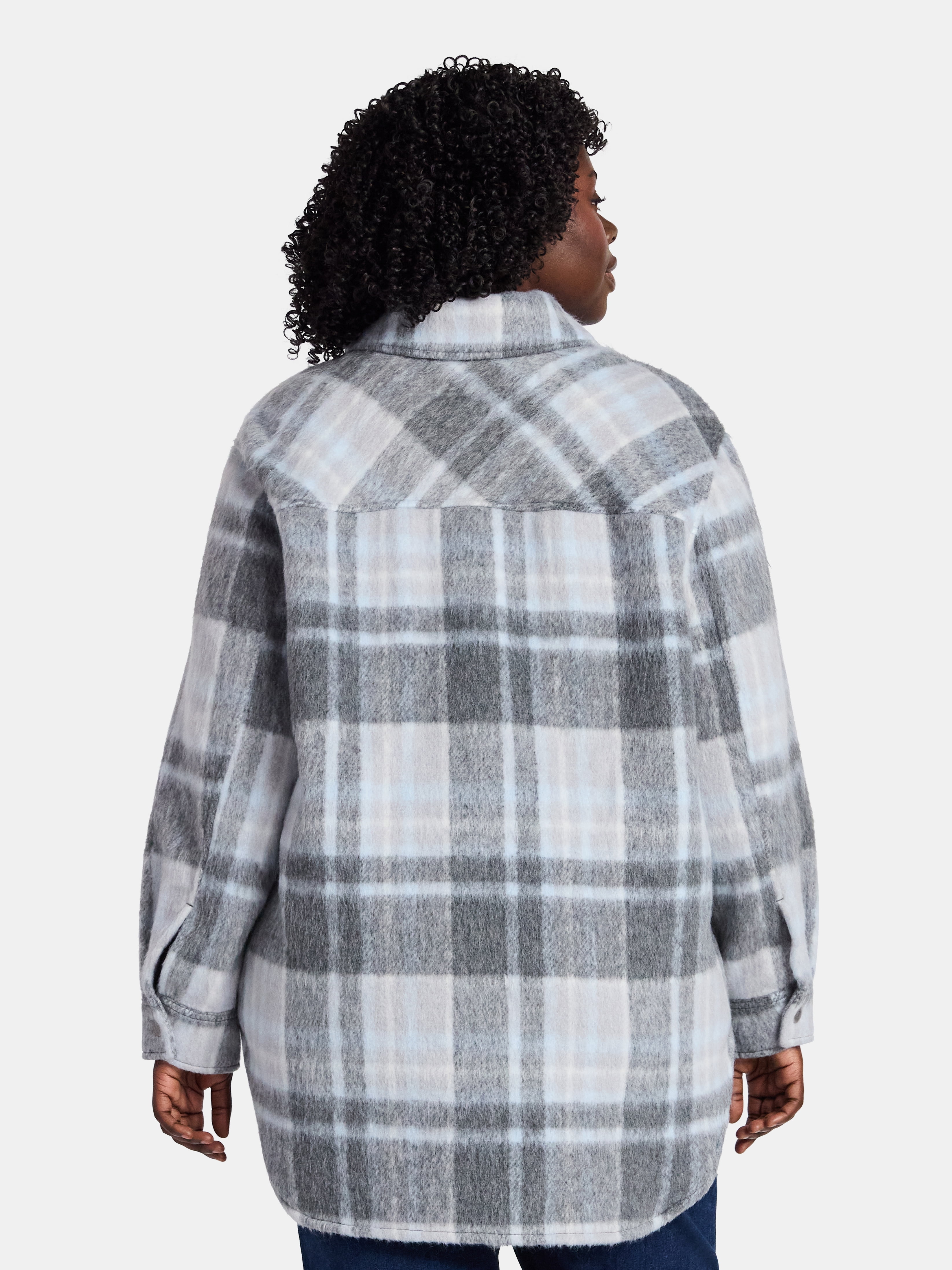 Terra & Sky Women's Plus Longline Brushed Plaid Shacket, Midweight, Sizes 0X-5X