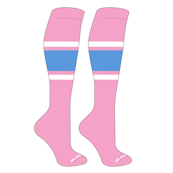 MK Socks Striped OTC Baseball, Softball, Football Socks (B) Pink, White, Columbia Blue (XS)