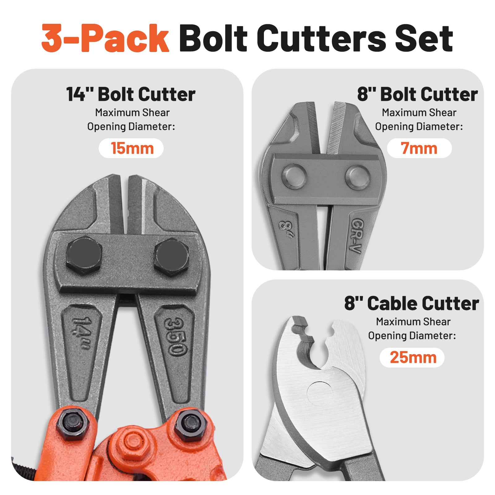 SPBTAR Bolt Cutter Pliers Set 3Pcs, 14" Heavy Duty Bolt Cutter, 8" Mini Bolt Cutter, 8" Wire Cable Cutter with Carrying Bag, CR-V Blade, Easily for Cutting Locks, Chains, Iron Wire