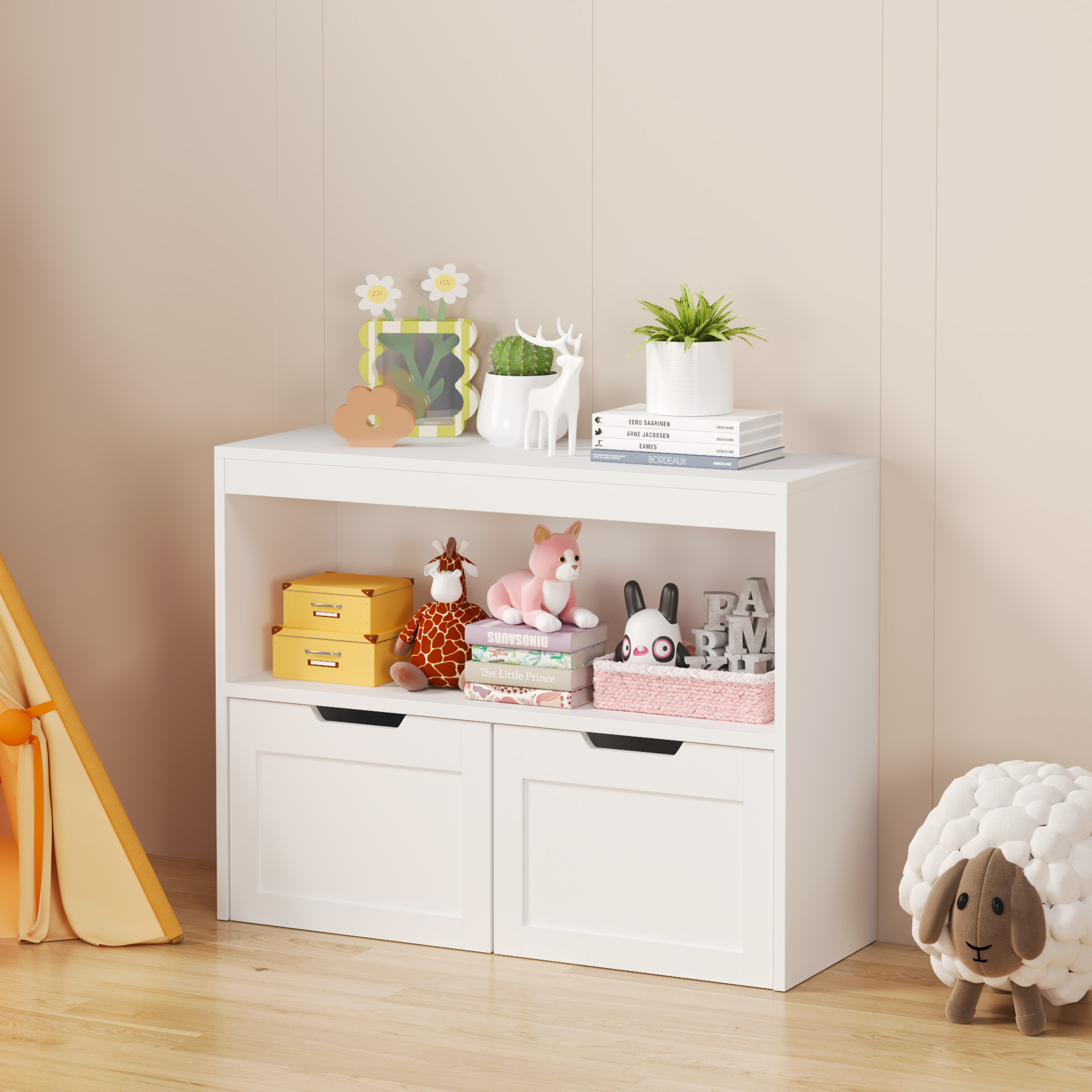 Noble House 31.5" Kids Book Organizer and Toy Storage Cabinet, 2 Drawer Rolling Toy Chest with Open Shelves, White