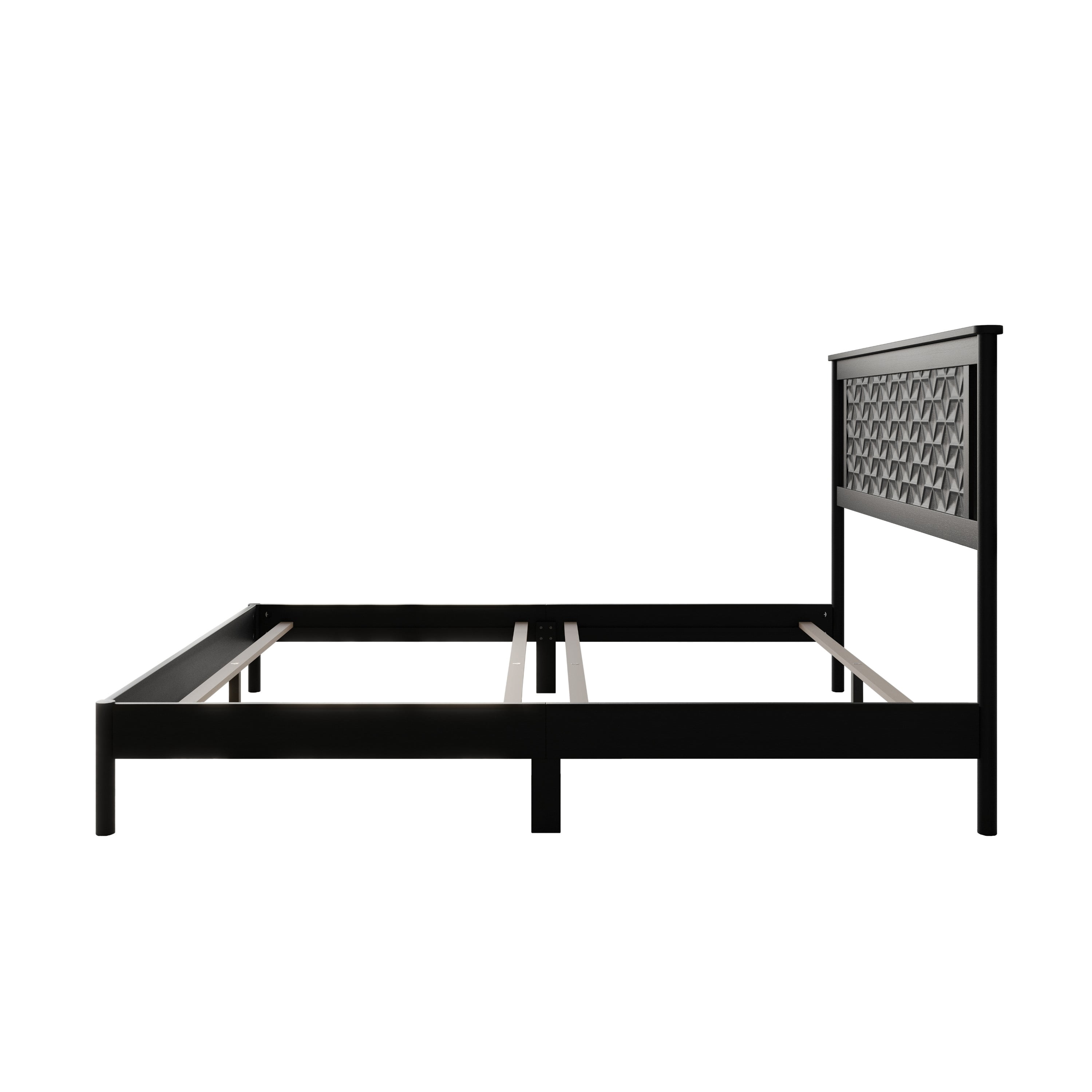 Home Design Tuskegee Queen Panel Bed Frame with Geometric Headboard and Solid Wood Frame, Black, Box Spring Required, Easy Assembly