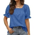 thumbnail image 2 of Ashirexll Summer Tops, Casual Tops for Women, Casual Solid Color Square Neck Short Sleeve Tops Blouses Blue M, 2 of 8
