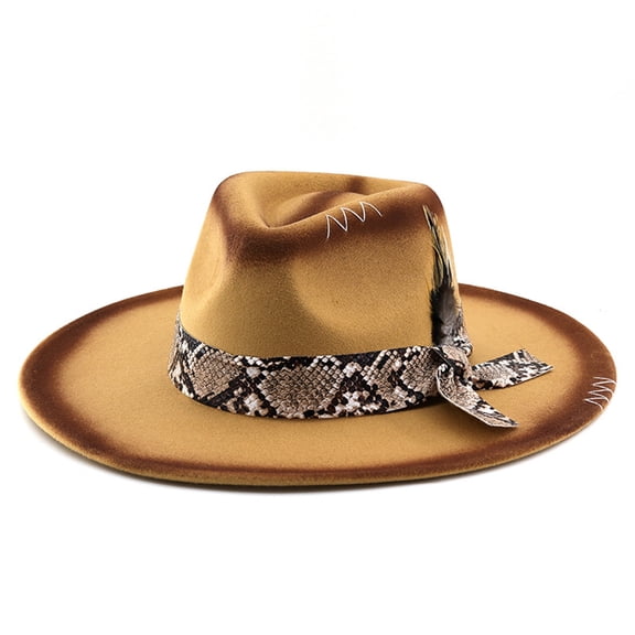 Western Fedora Hat with Snakeskin Band and Feather Accent, Unisex Ethnic Style Jazz Cap, Vintage Cowboy Headwear