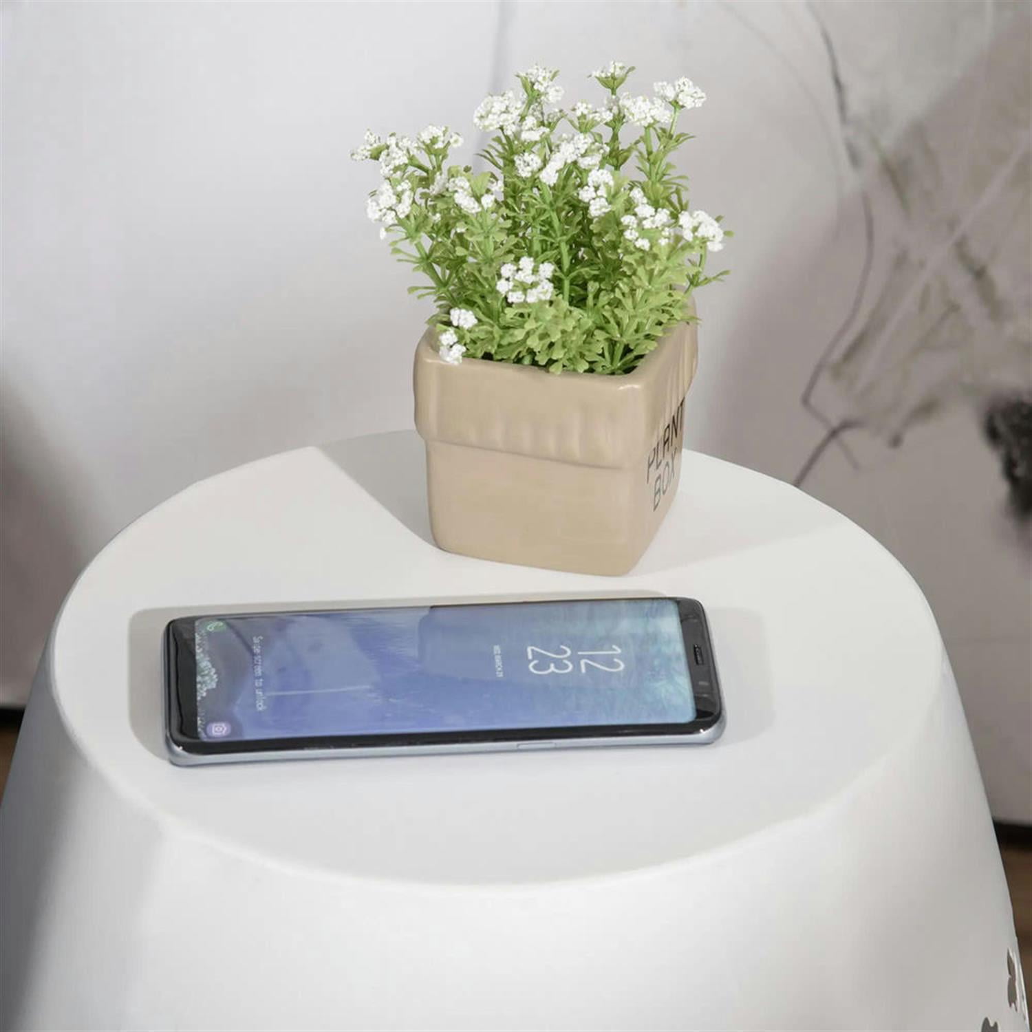 Demi Bonn 12" Steel Outdoor Round Side Table, Decorative Drum End Table, Indoor Outdoor Accent Table for Living Room Deck Garden, White