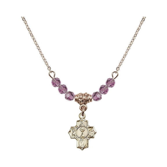 18-Inch Hamilton Gold Plated Necklace with 4mm Light Purple February Birth Month Stone Beads and Communion 5-Way Charm