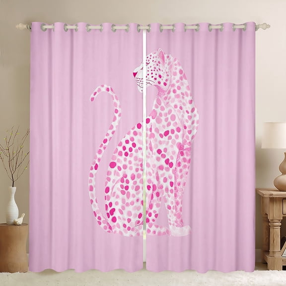 Homewish Kawaii Leopard Cheetah Curtains Pack of 2 (42x84 Each) for Kids, Cute Cartoon Animal Curtains Blackout, Girly Pink Polkadots Bedroom Curtains, Blackout Curtains Room Decor