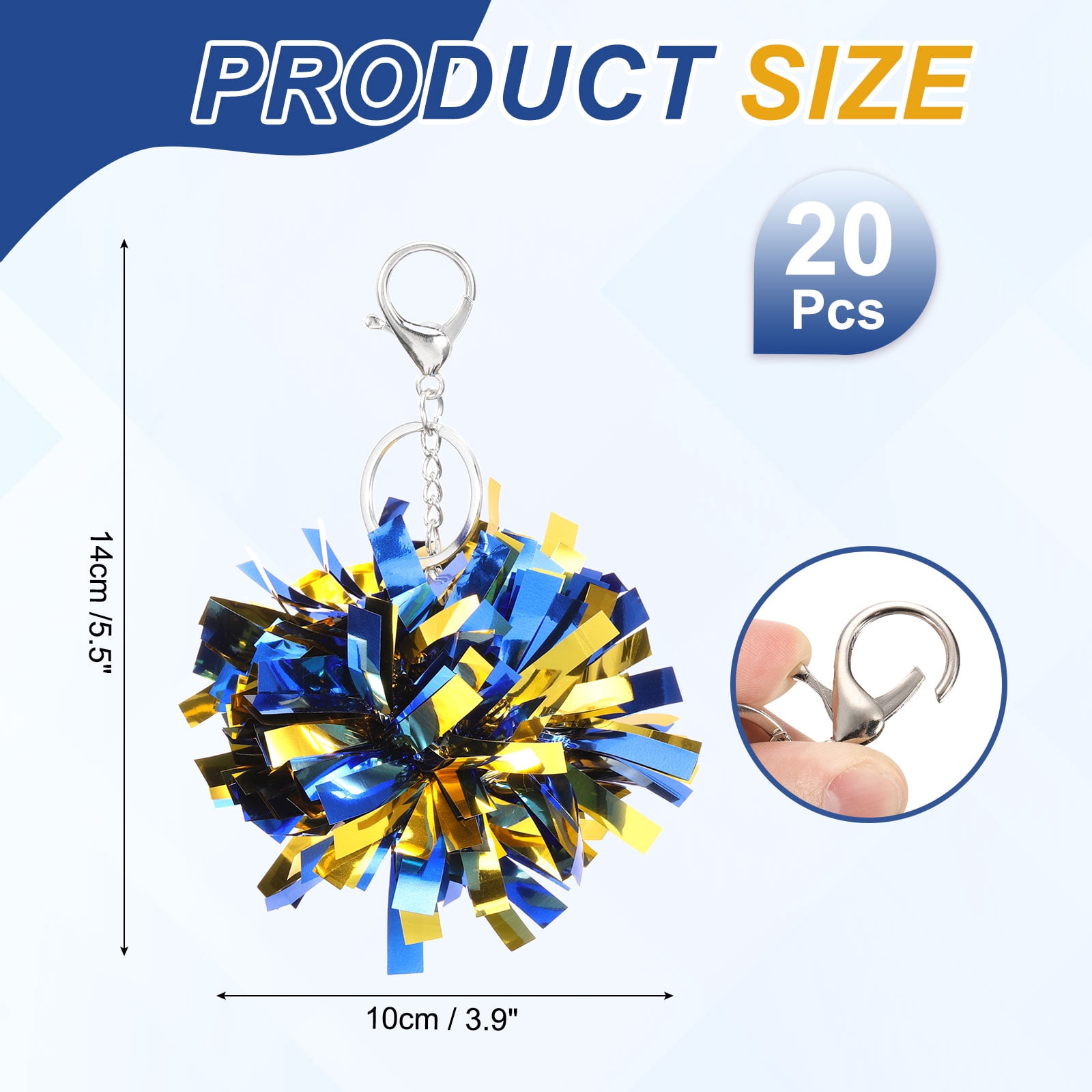 Uxcell 20 Pcs Cheer Pom Pom Keychain Cheerleading Gift Charm Plastic Keyring Bulk for Christmas Blue Gold Tone