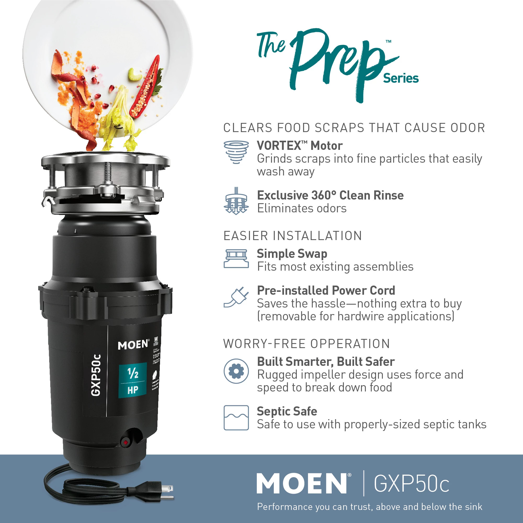 Moen Prep Series GXP50C 1/2HP PRO Garbage Disposal with Power Cord 