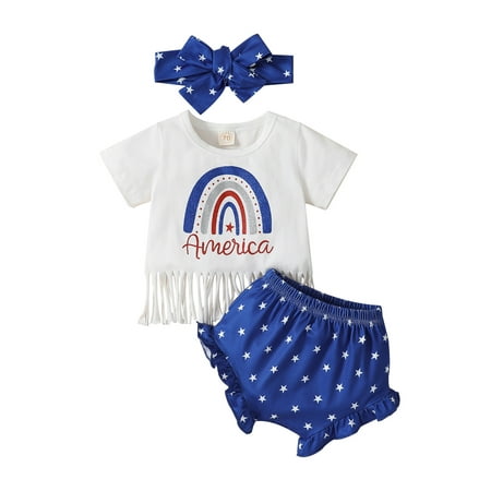 

aturustex 3Pcs Baby Girl 4th of July Outfit Newborn Tassels T-Shirt Top +Shorts+ HeadBand Independence Day Set 0-24 Months