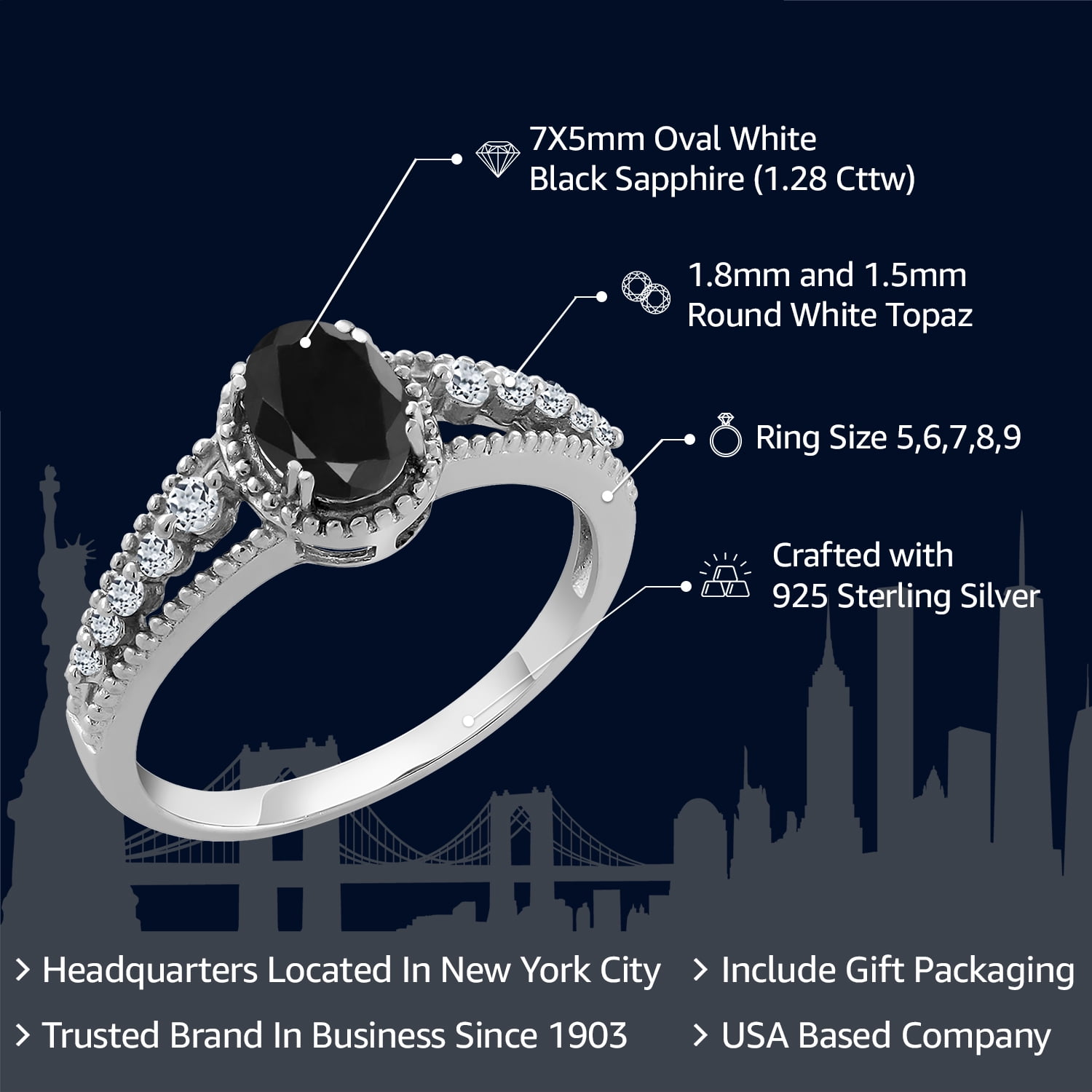 Gem Stone King 1.28 Cttw 925 Sterling Silver Black Sapphire and White Topaz Engagement Ring for Women | Oval 7X5MM | Gemstone Birthstone | Available in Size 5, 6, 7, 8, 9