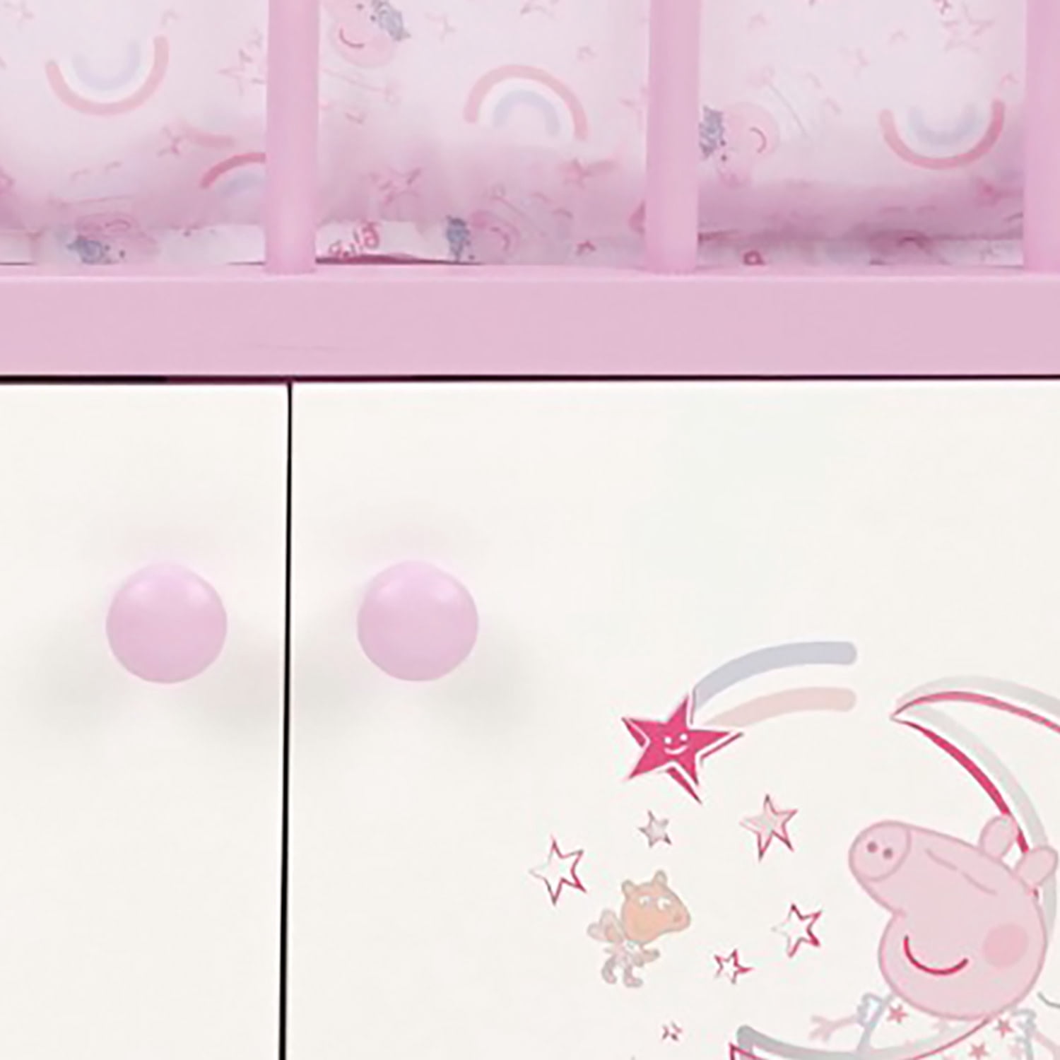 509 Crew: Peppa Pig - 2-In-1 Wooden Doll Crib - Pink-White-Moon, Built-In Storage Cabinet, Pillow & Blanket, Doll & Plush Sleep Accessory Toy, Kids 3+