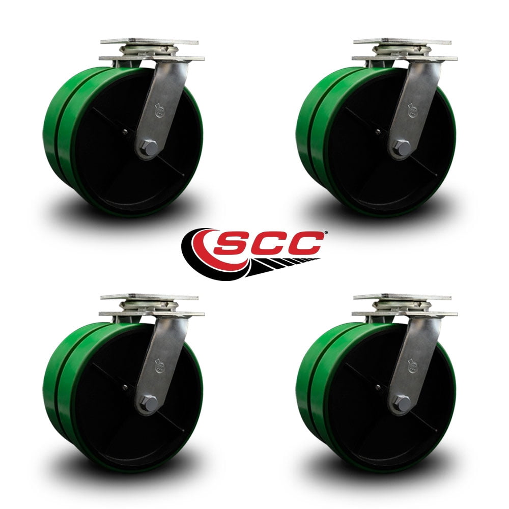 8 Inch Dual Green Poly on Cast Iron Wheels Swivel Caster Set with Roller Bearing