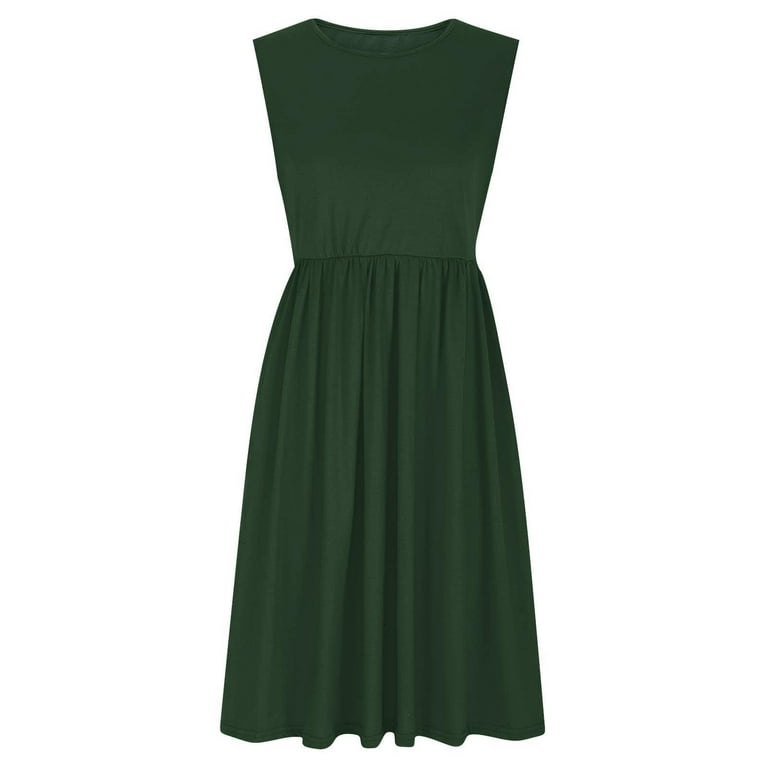 Women's Summer Dresses Round Neck Sleeveless Solid Beach Sundresses Boho Dress Olive Green, Size: Small