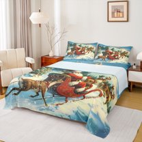 Manfei Dreamy Fairy Tale Queen Sheet Sets, Santa Claus Deer Flat Sheet, Mystic Christmas Eve Queen Fitted Sheet, Luxury Bedroom Decor, 4 Pieces