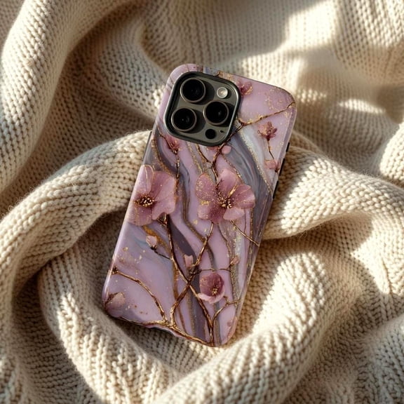 Lavender Floral Gold Vein Case - Luxury Marble Botanical Art Compatible with iPhone 17, 16, 15, 14 Pro Max MagSafe Cover